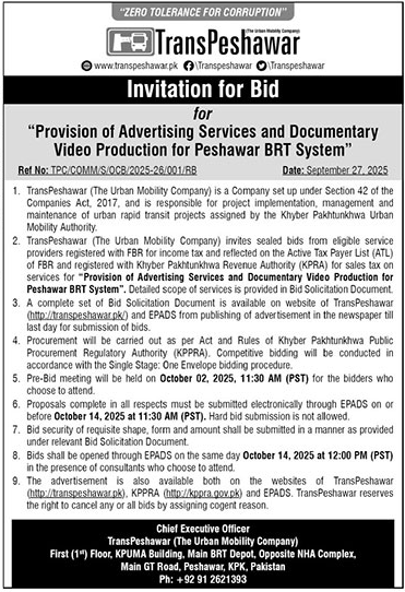 TransPeshawar Tender Notice